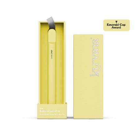kurvana_cbd_bans_aio_ec | Kurvana | Curated for years. Experienced in moments. An image of Kurvana's CBD collection Banana Smoothie 5:1:5 CBD to THC ratio All-In-One disposable vape.