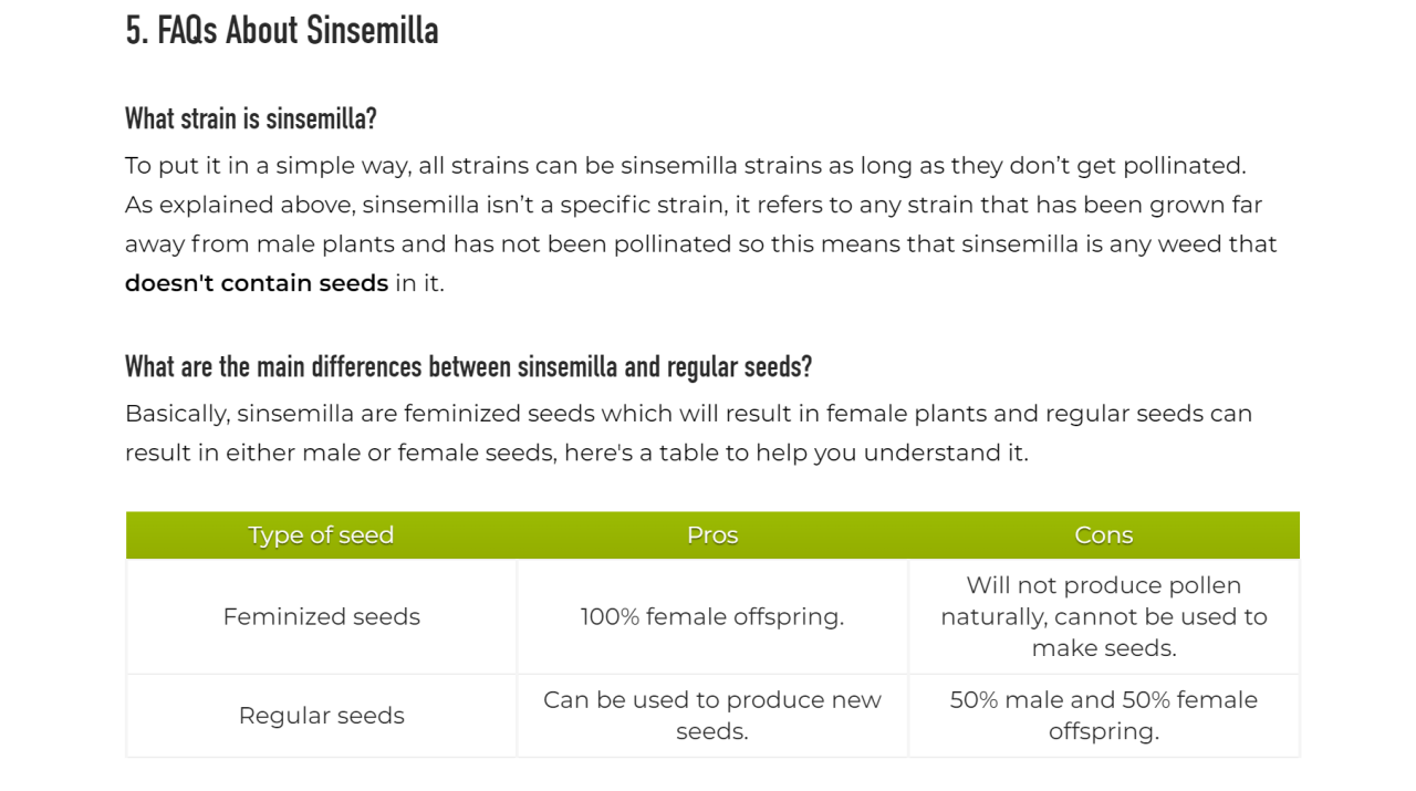 image1 | Kurvana | Curated for years. Experienced in moments. FAQs About Sinsemilla: Differences between feminized and regular seeds. Table comparing pros and cons of each seed type.