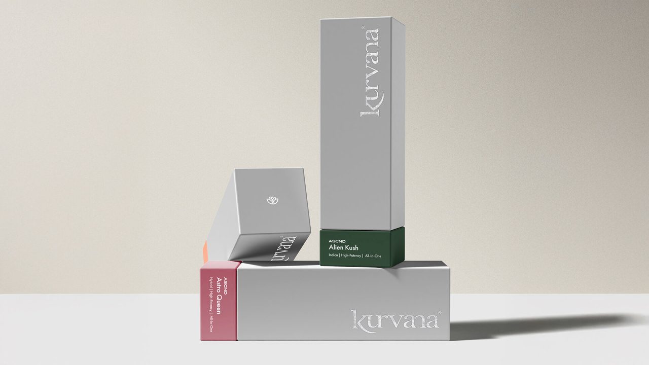 Kurvana ASCND product packaging showcasing Alien Kush and Astro Queen varieties against a neutral background.
