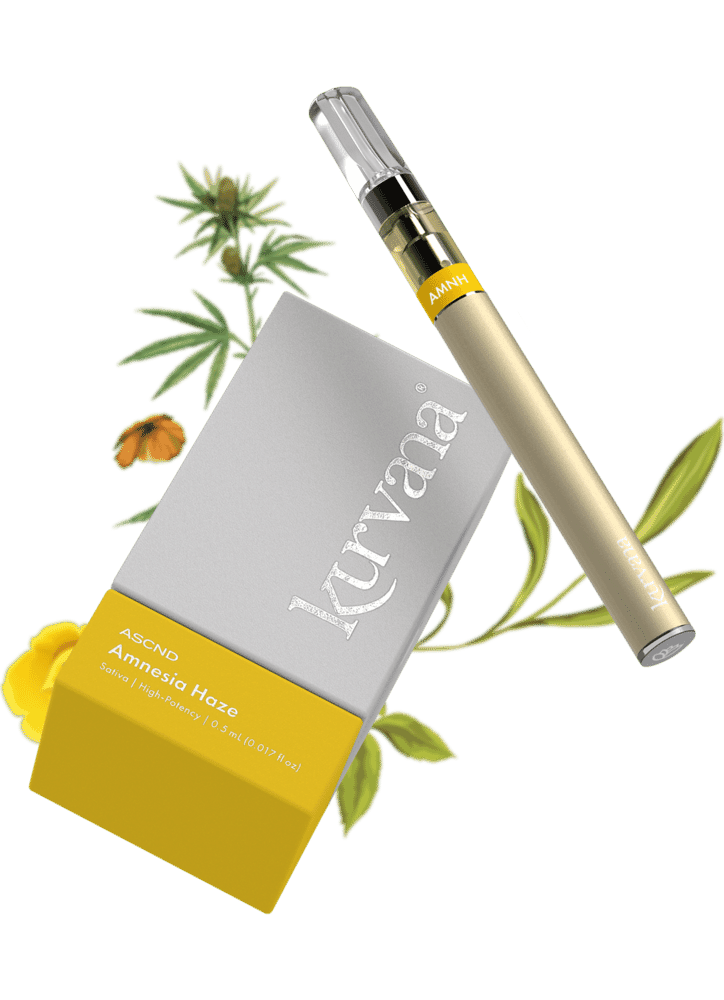 image1 | Kurvana | Curated for years. Experienced in moments. Kurvana ASCND Amnesia Haze vape pen and box with floral background, highlighting the product's sleek design and packaging.