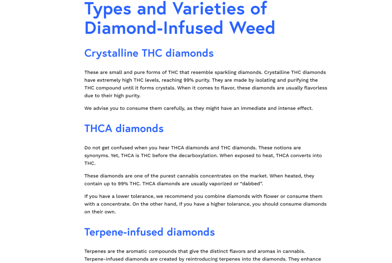 What Diamond Infused means | Kurvana | Curated for years. Experienced in moments. Types and varieties of diamond-infused weed including Crystalline THC, THCA, and Terpene-infused diamonds explained in text.