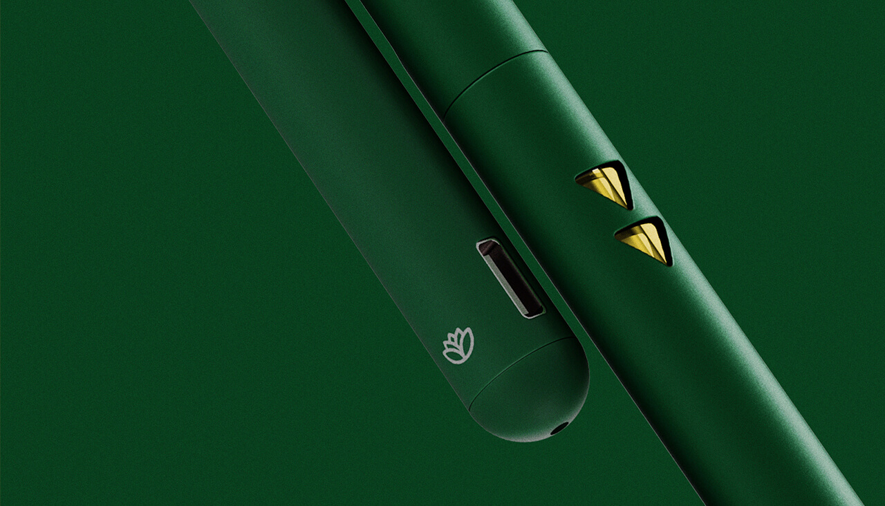 ascnd-rechargeable-aio-banner | Kurvana | Curated for years. Experienced in moments. Sleek green electronic device with yellow accents and USB port, set against a matching green background.