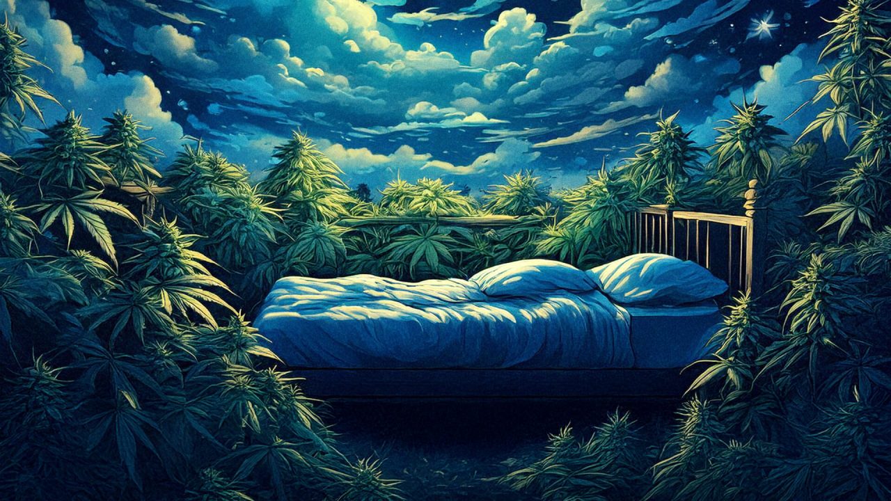 does-indica-make-you-sleepy | Kurvana | Curated for years. Experienced in moments. Bed surrounded by lush plants under a dreamy, starry night sky.