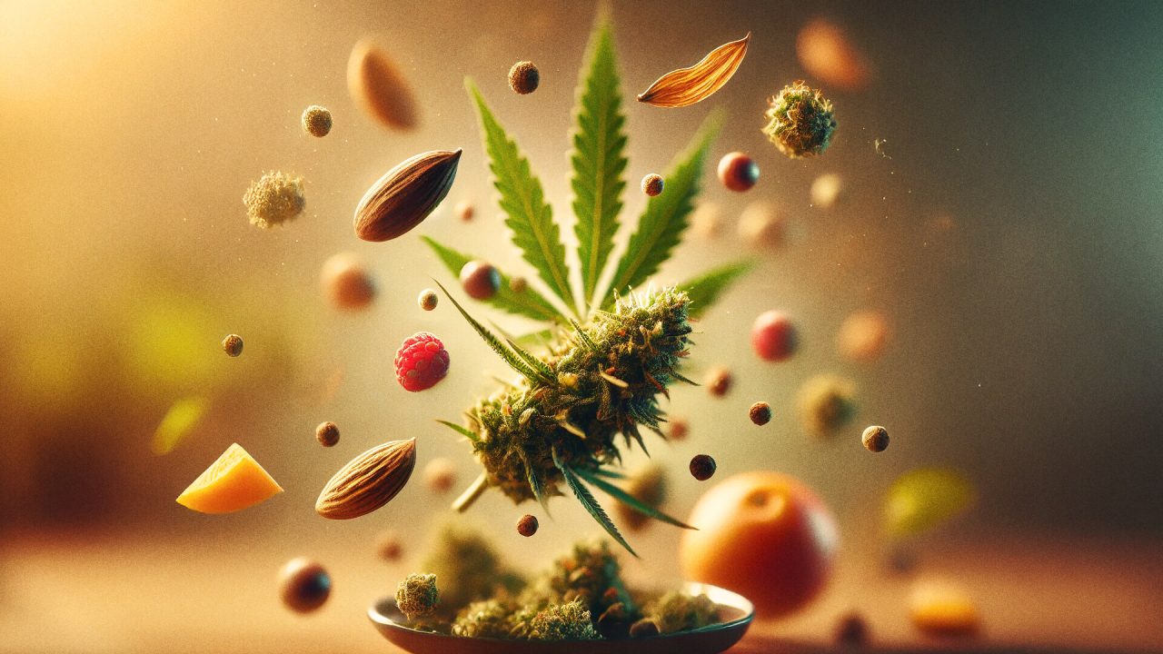 does-sativa-make-you-hungry | Kurvana | Curated for years. Experienced in moments. Floating cannabis leaf with almonds, raspberries, and herbs in a surreal artistic arrangement on a blurred background.