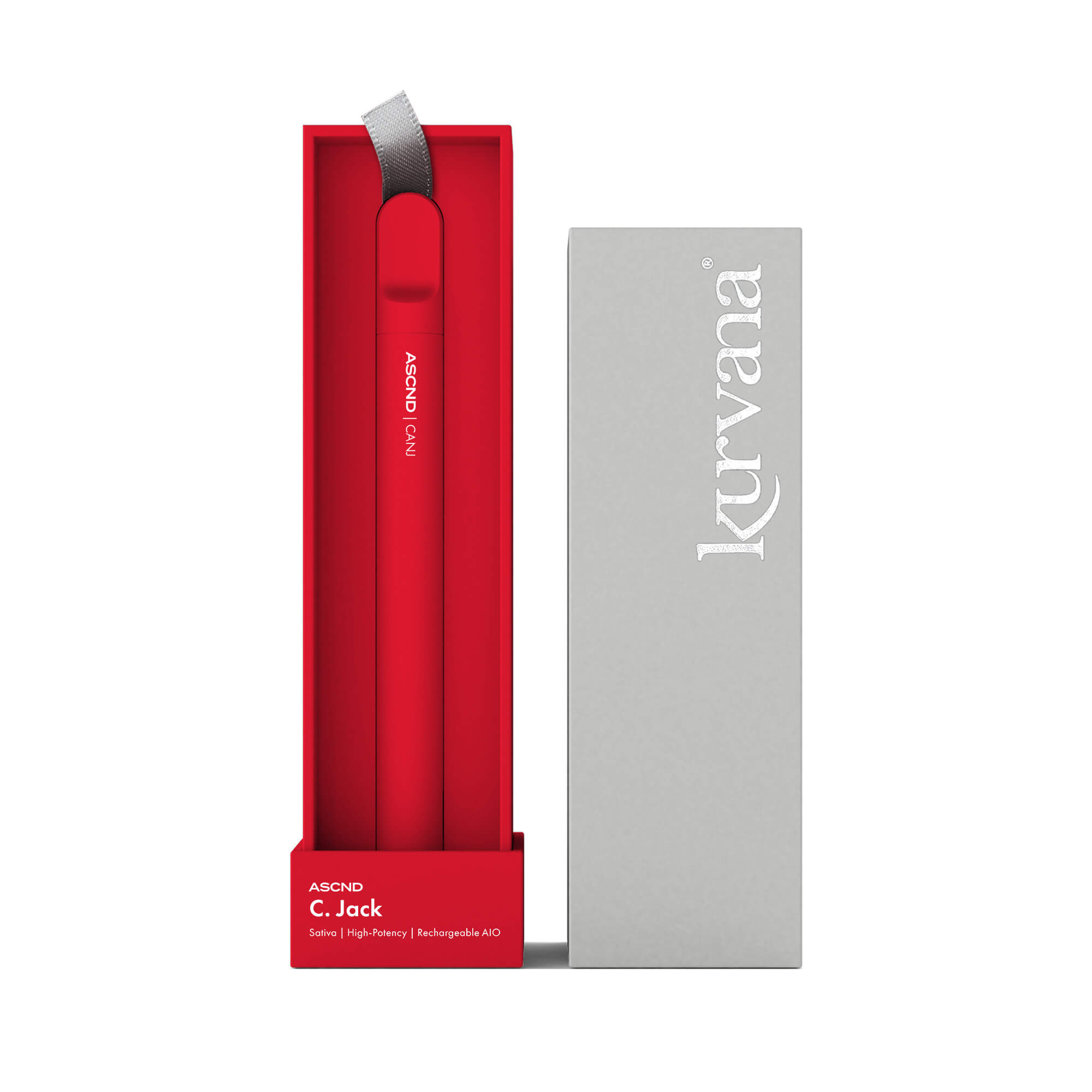 Kurvana ASCND C. Jack vape pen in red box, featuring sativa, high-potency, and rechargeable AI technology.
