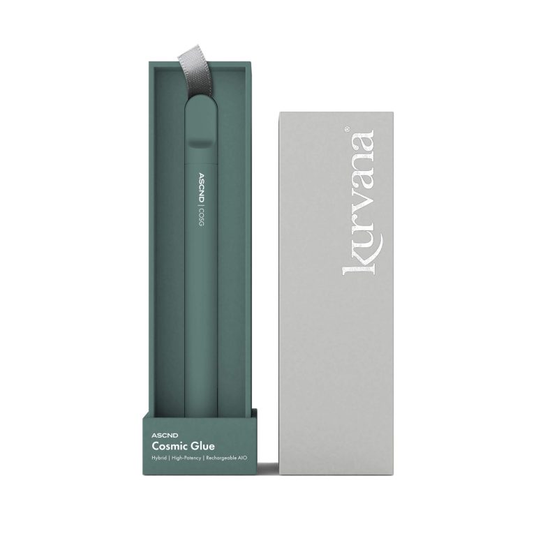 Kurvana ASCND Cosmic Glue vape in box, hybrid high-potency, rechargeable AIO device, gray and green packaging.