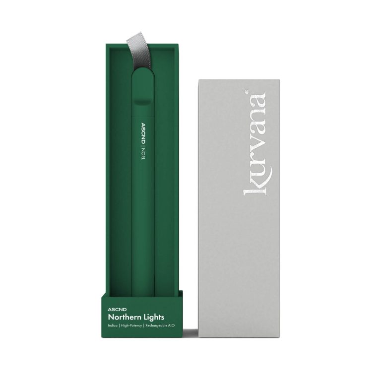 kurvana-ascnd-rechargeable-aio-norl-2000x2000 | Kurvana | Curated for years. Experienced in moments. Kurvana ASCND Northern Lights vape pen in sleek green packaging.
