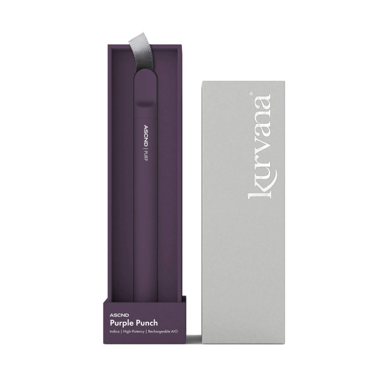 kurvana-ascnd-rechargeable-aio-purp-2000x2000 | Kurvana | Curated for years. Experienced in moments. Kurvana ASCND Purple Punch vape pen in packaging, Indica, high potency, rechargeable AIO device.