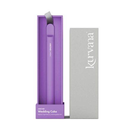 Purple Kurvana ASCND Wedding Cake vape pen with box, hybrid high-potency, rechargeable AIO.