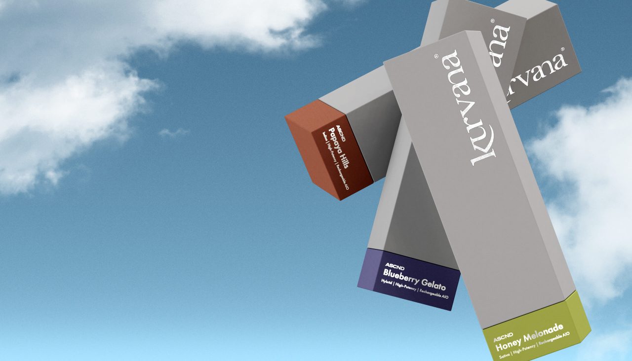 kurvana-ascnd-new-strains-2024 | Kurvana | Curated for years. Experienced in moments. Kurvana vaping product boxes against a clear blue sky background.