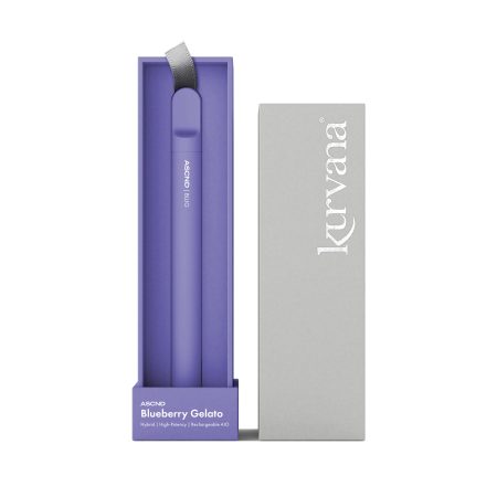 kurvana-ascnd-rechargeable-aio-blug-2000x2000 | Kurvana | Curated for years. Experienced in moments. Kurvana ASCND Blueberry Gelato vape pen in purple packaging with a silver box, showcasing a hybrid, high-potency product.