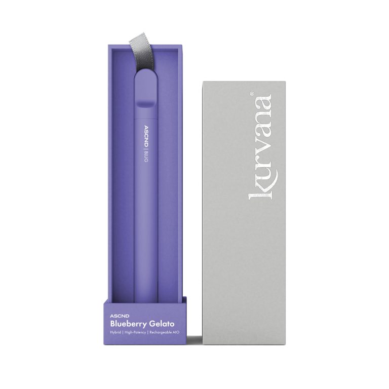kurvana-ascnd-rechargeable-aio-blug-2000x2000 | Kurvana | Curated for years. Experienced in moments. Kurvana ASCND Blueberry Gelato vape pen in purple packaging with a silver box, showcasing a hybrid, high-potency product.