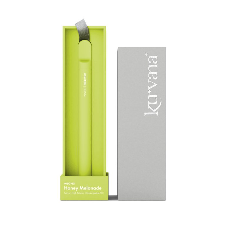 kurvana-ascnd-rechargeable-aio-honm-2000x2000 | Kurvana | Curated for years. Experienced in moments. Kurvana ASCND Honey Melonade vape pen in green packaging, high-potency Sativa, rechargeable AIO system.