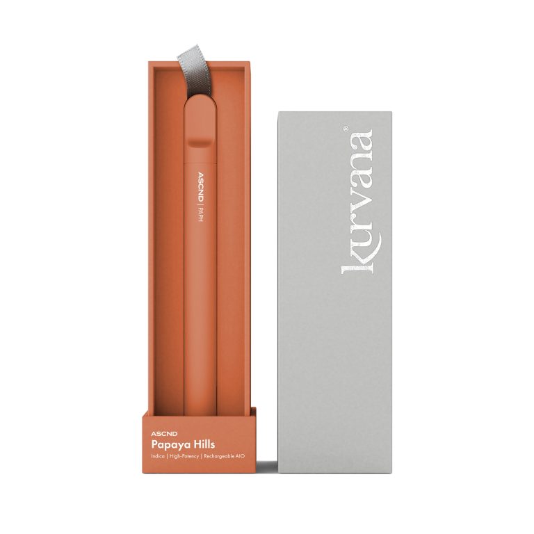kurvana-ascnd-rechargeable-aio-paph-2000x2000 | Kurvana | Curated for years. Experienced in moments. Kurvana ASCND Papaya Hills vape pen in box, showcasing sleek design and packaging.