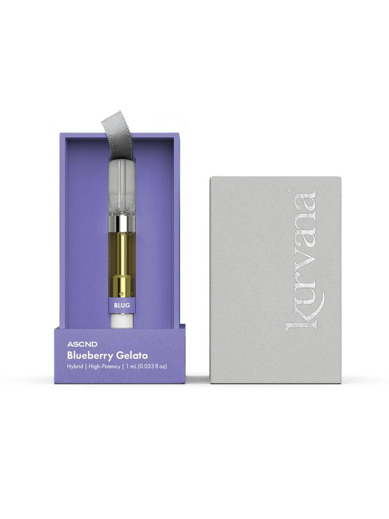 kurvana_ascnd_blug_1mL_1500x2000 | Kurvana | Curated for years. Experienced in moments. Vape cartridge in lavender box labeled ASCND Blueberry Gelato with gray packaging beside it. High-potency hybrid.