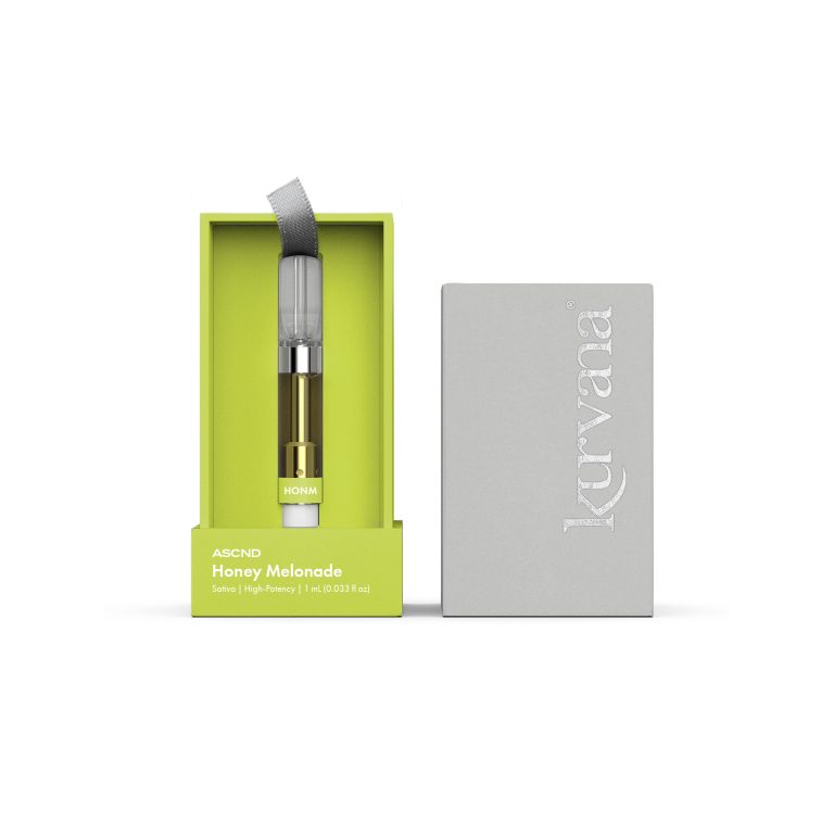 kurvana_ascnd_honm_1mL_2000x2000 | Kurvana | Curated for years. Experienced in moments. Kurvana Honey Melonade vape cartridge, high-potency sativa, in stylish green packaging with gray box.