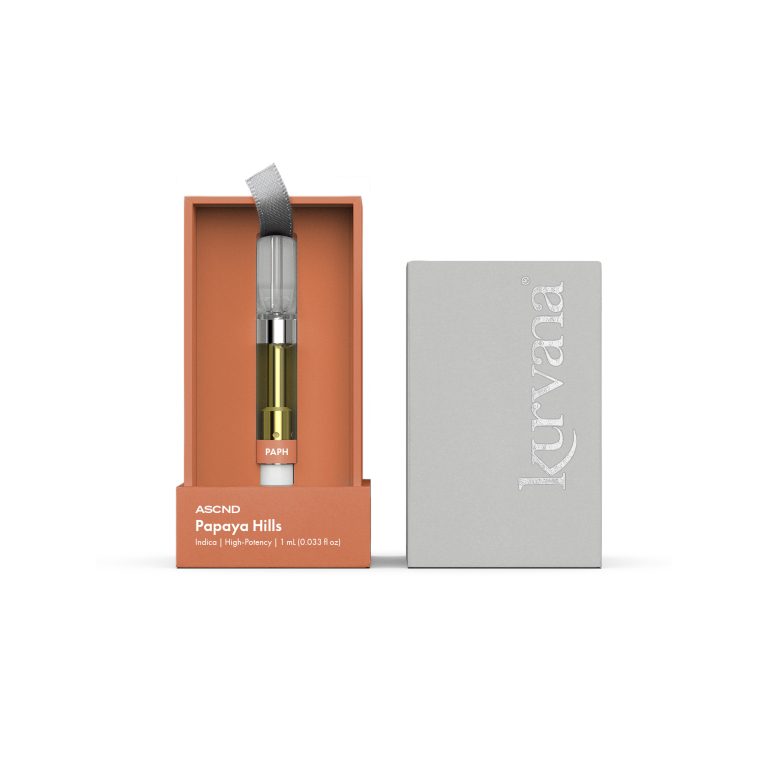 kurvana_ascnd_paph_1mL_2000x2000 | Kurvana | Curated for years. Experienced in moments. Kurvana ASCND Papaya Hills vape cartridge packaging, featuring high-potency Indica oil in sleek orange and gray box.