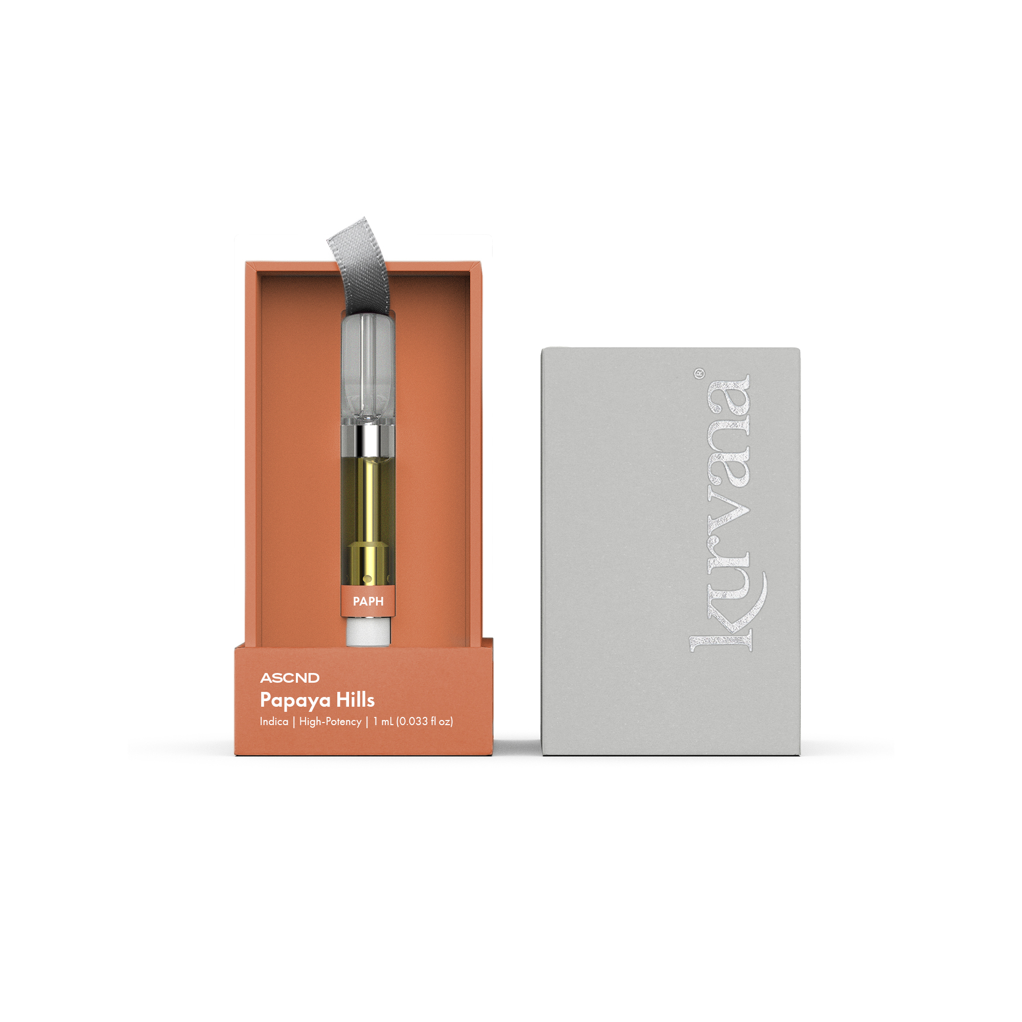 Kurvana ASCND Papaya Hills vape cartridge packaging, featuring high-potency Indica oil in sleek orange and gray box.