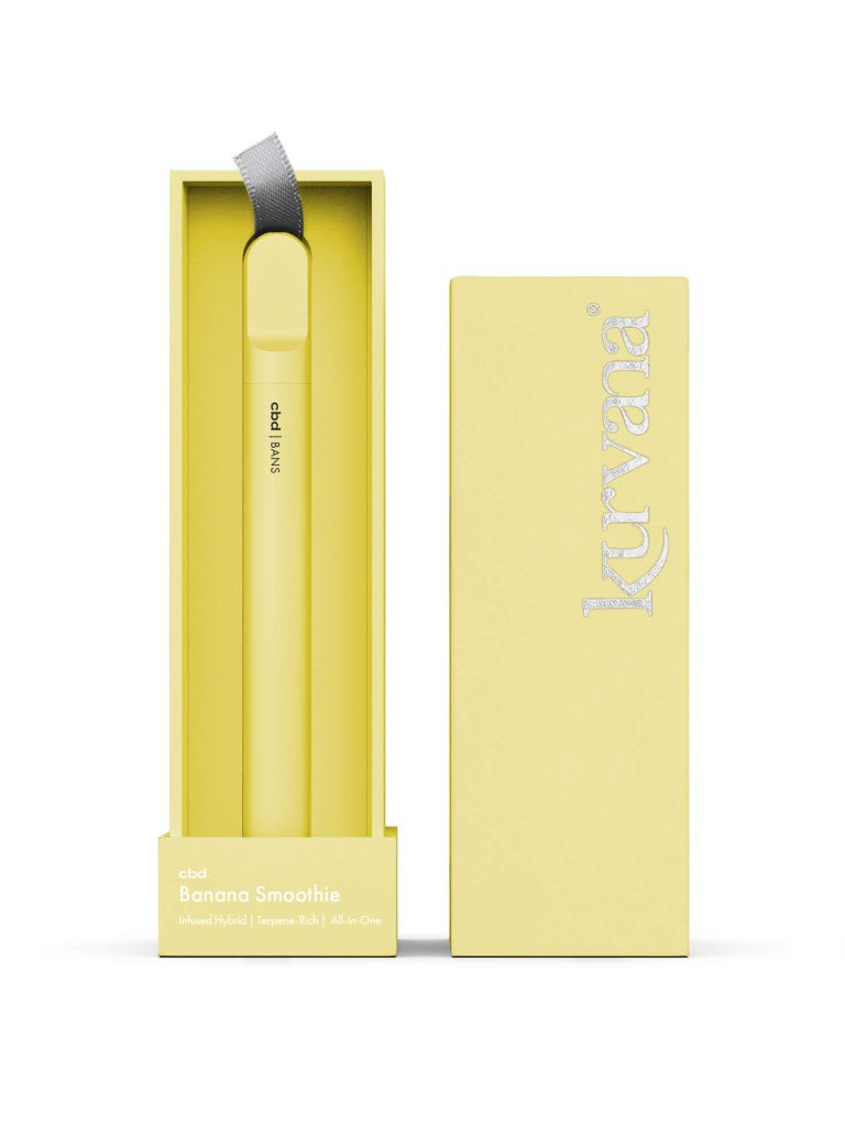 kurvana_cbd_aio_bans-1500x2000 | Kurvana | Curated for years. Experienced in moments. Yellow Kurvana CBD Banana Smoothie vape pen in packaging, infused hybrid, terpene-rich, all-in-one.