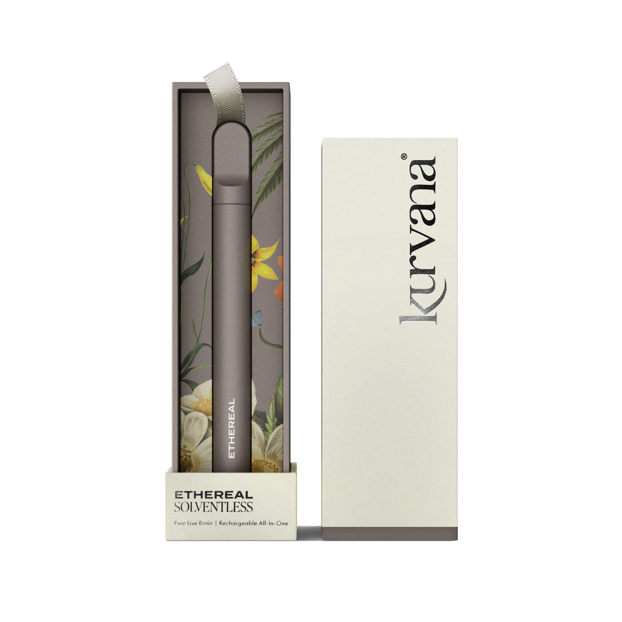 Stylish Kurvana Etheral Solventless vape pen in elegant packaging with floral design and sleek branding.