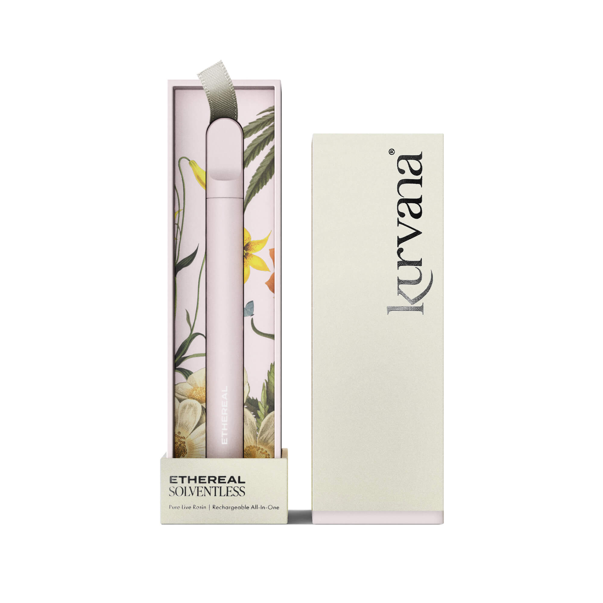 Kurvana Ethereal Solventless vape pen in box with floral design, highlighting purity and rechargeability.