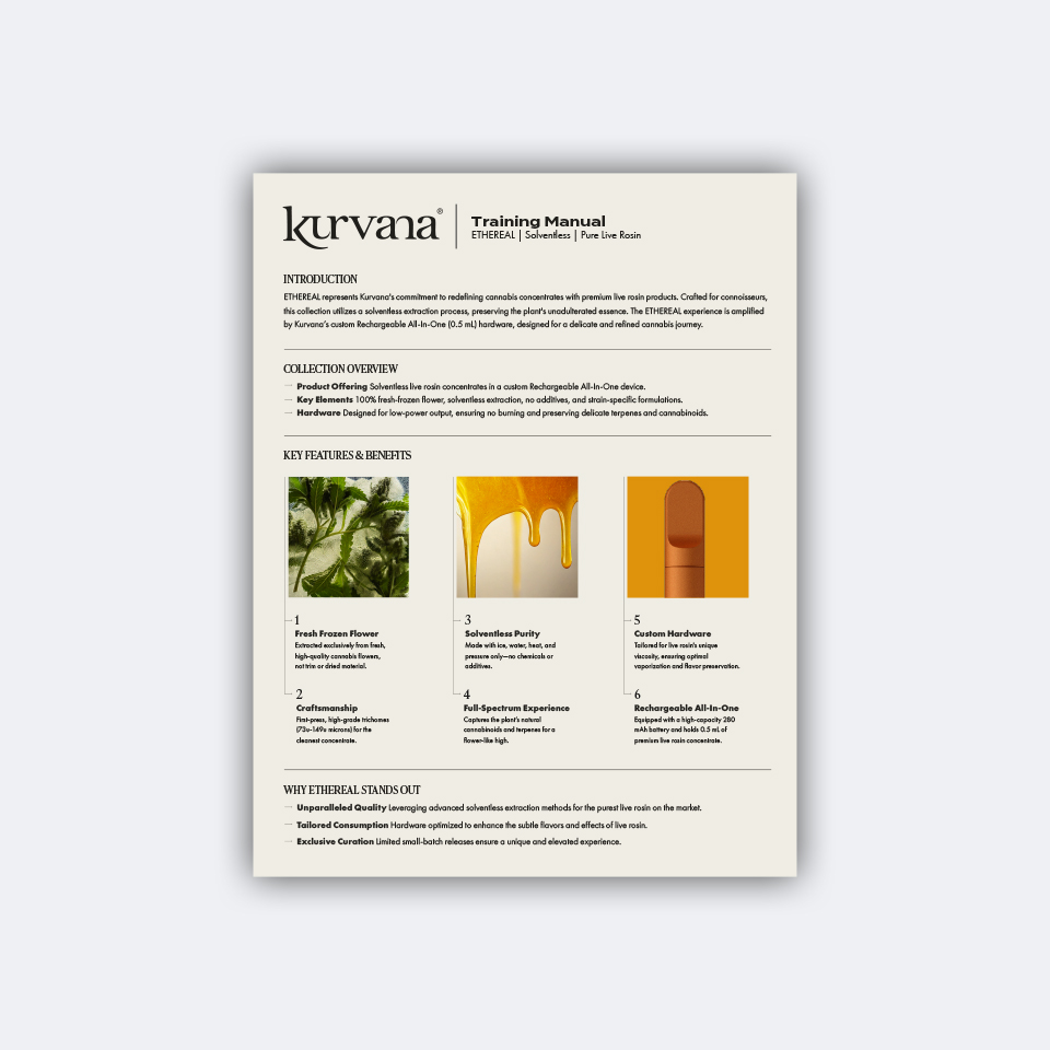 kurvana-ethereal-training | Kurvana | Curated for years. Experienced in moments. Kurvana Ethereal Training Manual highlighting solventless cannabis concentrates and key features like purity and quality.