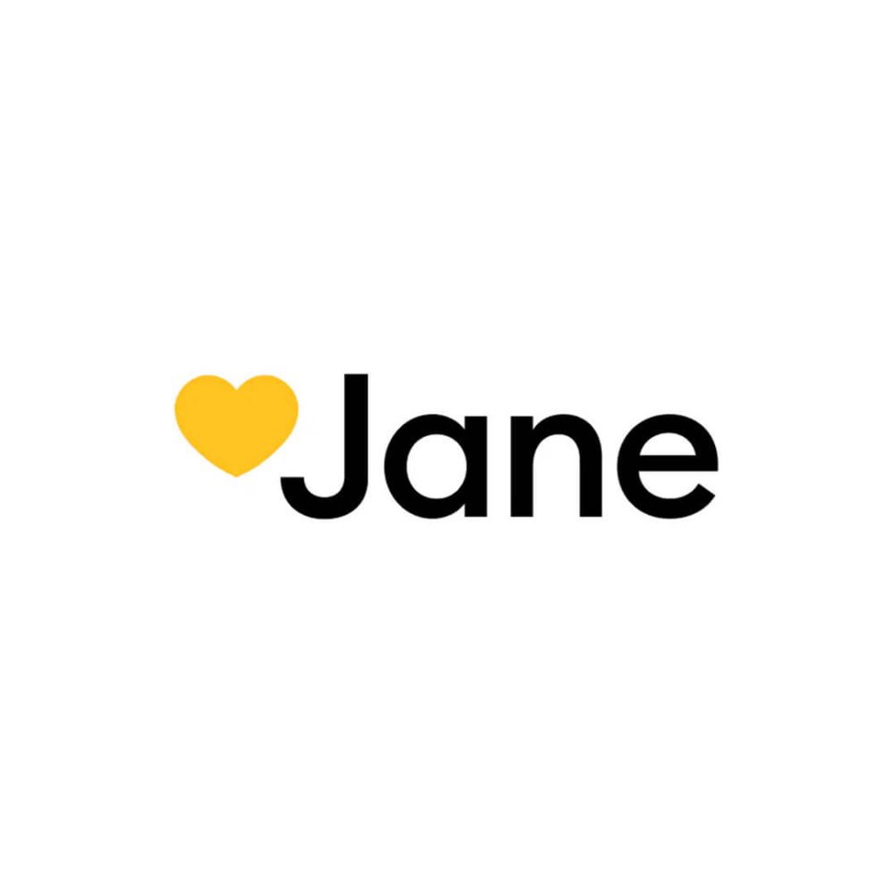 jane | Kurvana | Curated for years. Experienced in moments. Logo with yellow heart and 'Jane' text on white background, highlighting brand identity and simplicity.