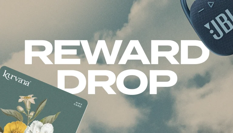 kurvana-420-reward-drop-banner copy | Kurvana | Curated for years. Experienced in moments. Gift card and speaker with Reward Drop text against cloudy sky background. Kurvana and JBL branding visible.