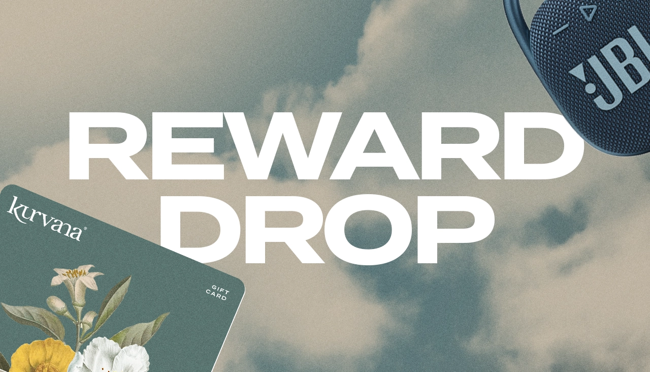kurvana-420-reward-drop-banner copy | Kurvana | Curated for years. Experienced in moments. Gift card and speaker with Reward Drop text against cloudy sky background. Kurvana and JBL branding visible.