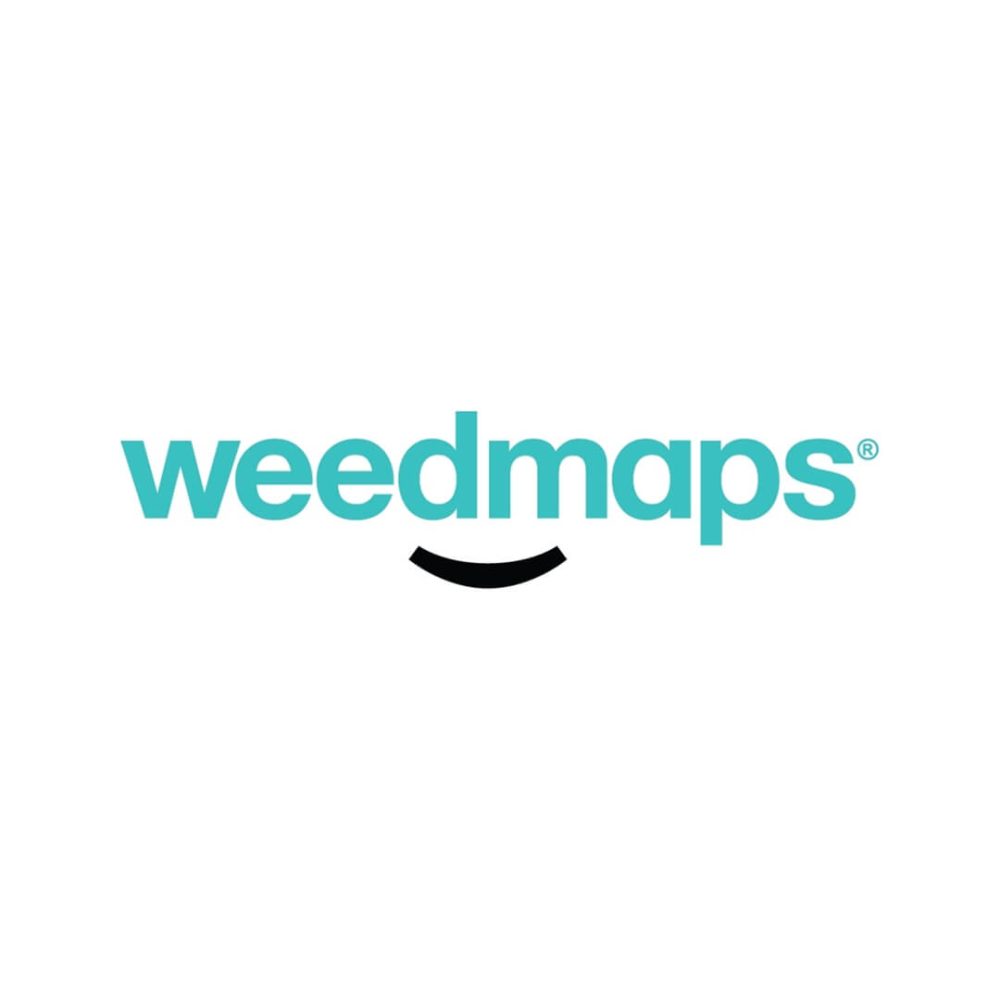 weedmaps | Kurvana | Curated for years. Experienced in moments. Weedmaps logo with smile design in teal font on a white background.